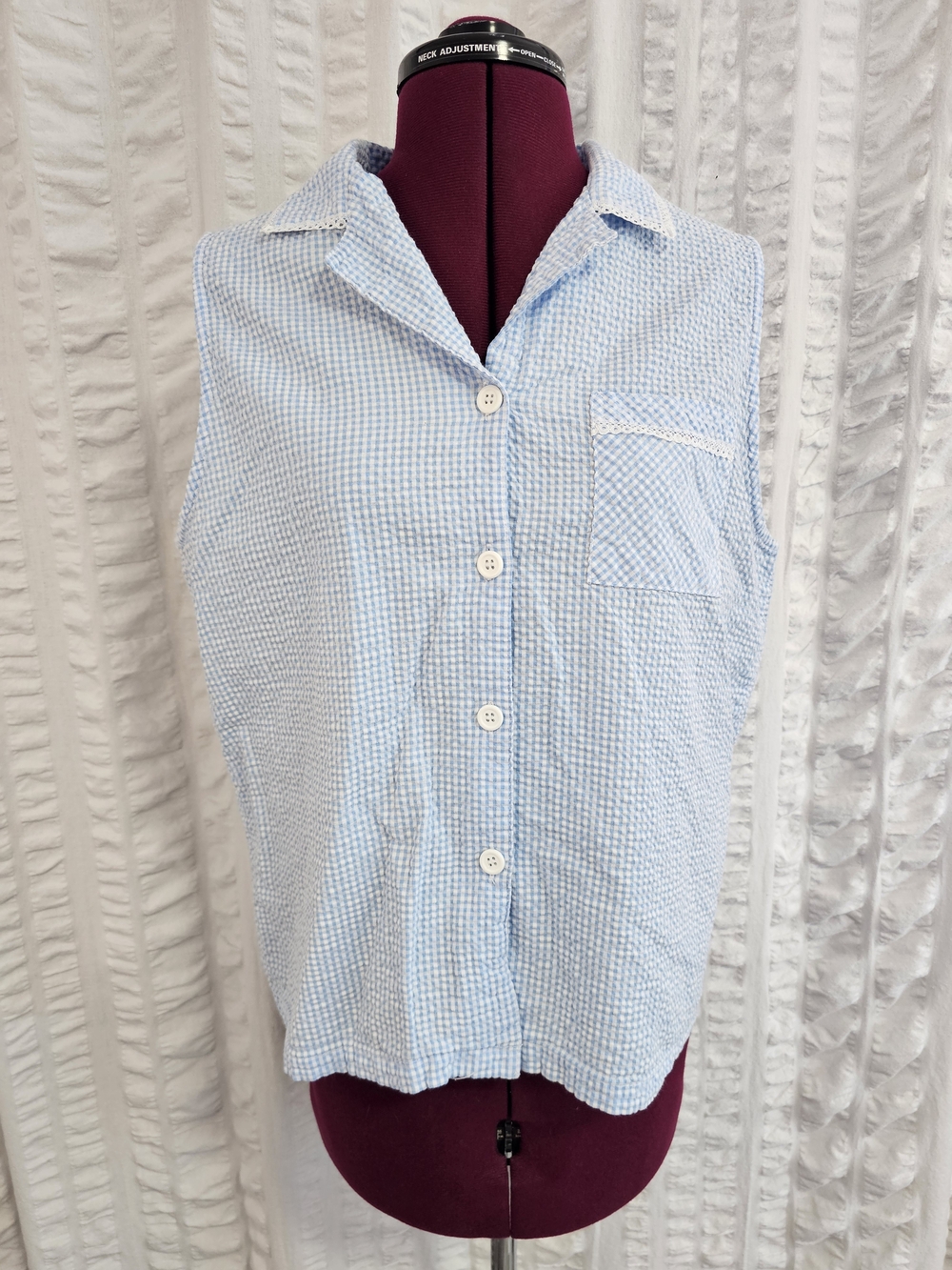 Character Gingham Light Blue Seersucker Sleeveless Button-Up Top Loungewear